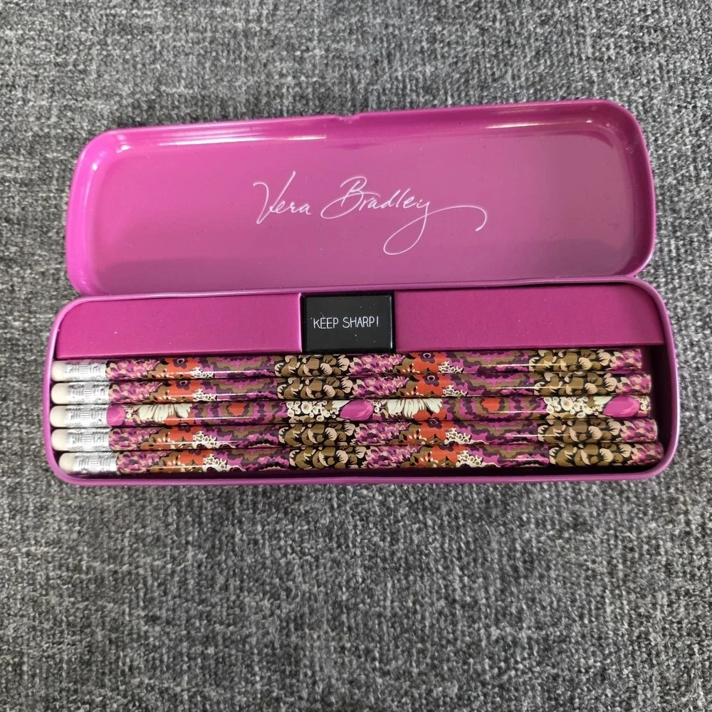 VERA BRADLEY Pencil Tin Rosewood Set of 10 Pencils Sharpener School Office NWT